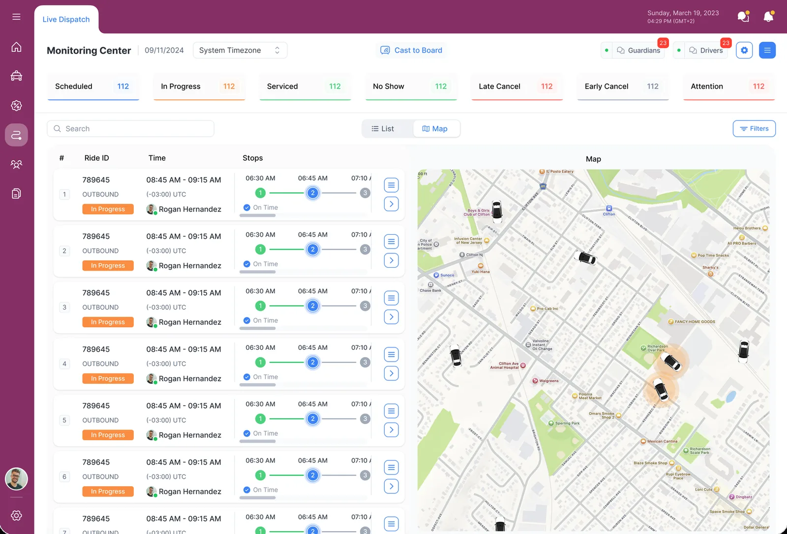 Operations portal listing trips with stop progress beside a live map
