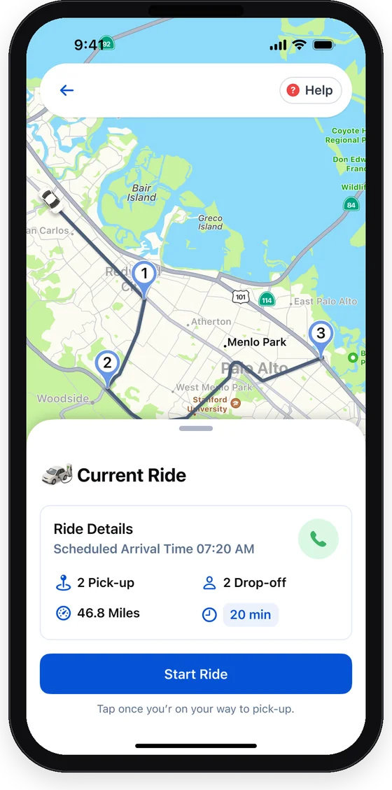 Driver app showing the current ride with pick-ups and drop-offs