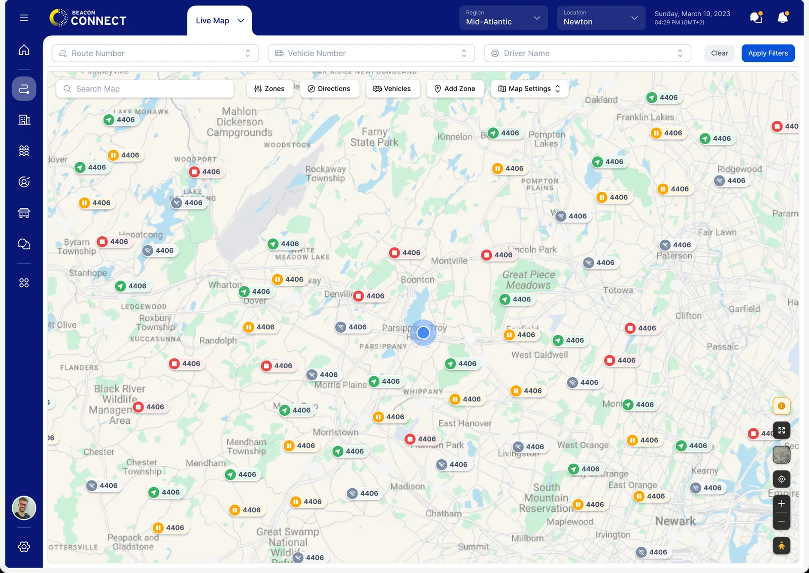 Live map with every vehicle shown by status