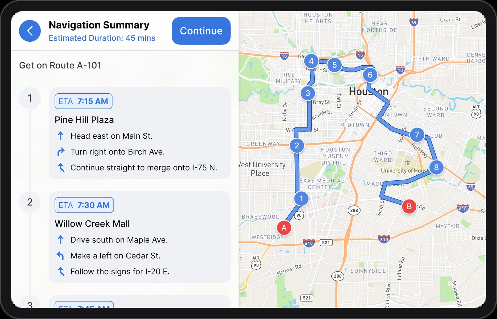 In-vehicle navigation summary with stop-by-stop ETAs on a route map